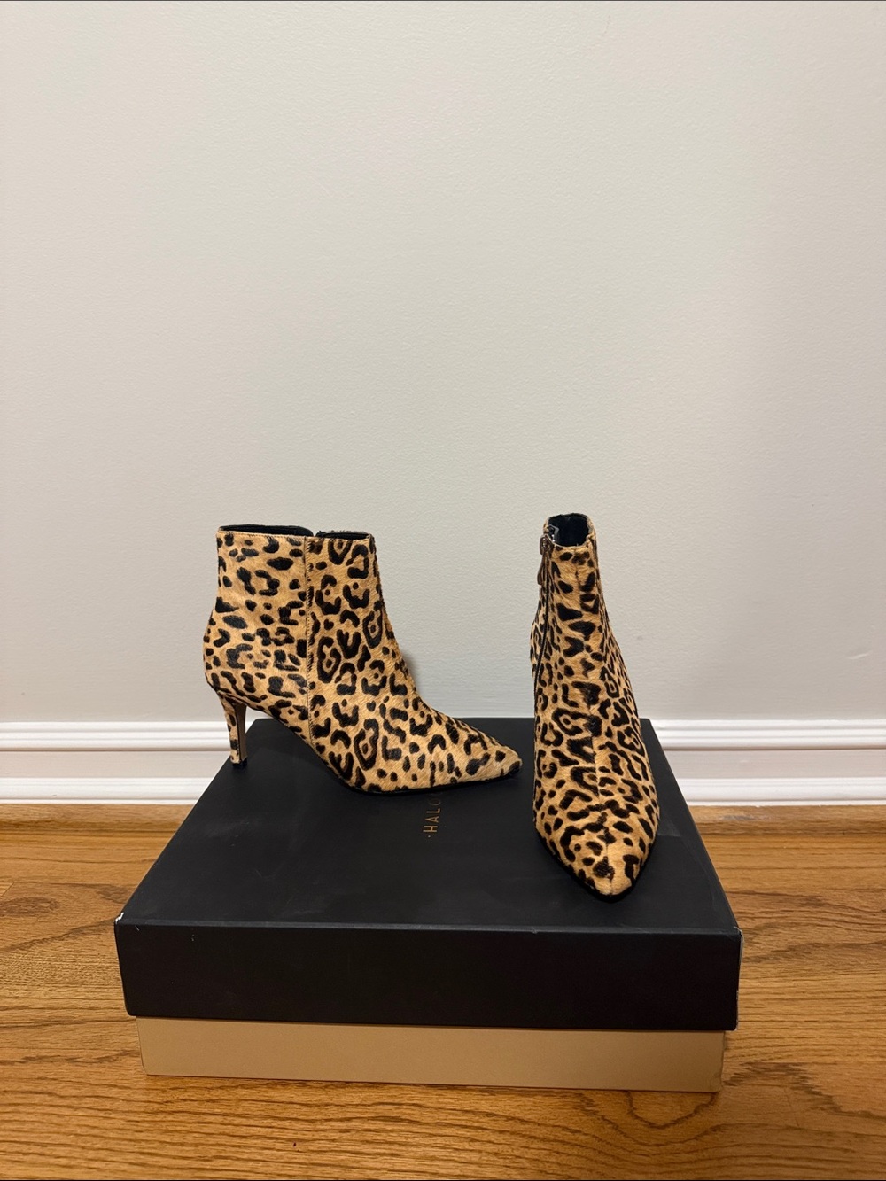 Halogen Leopard Print Pointed Ankle Booties in Tan and Black